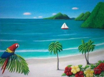 perroquet sur la plage Peinture à l'huile